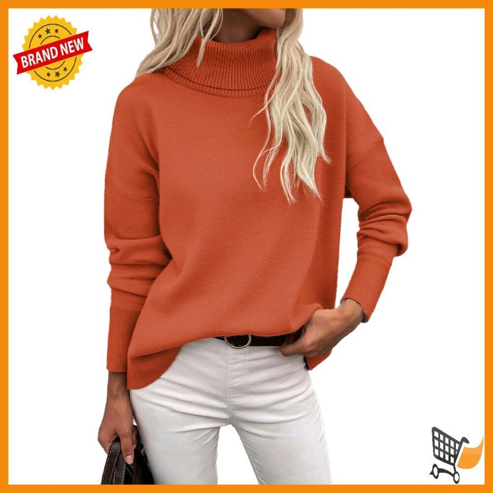 Women's Chunky Knit Turtleneck Sweater Oversized Pullover High Low Hem
